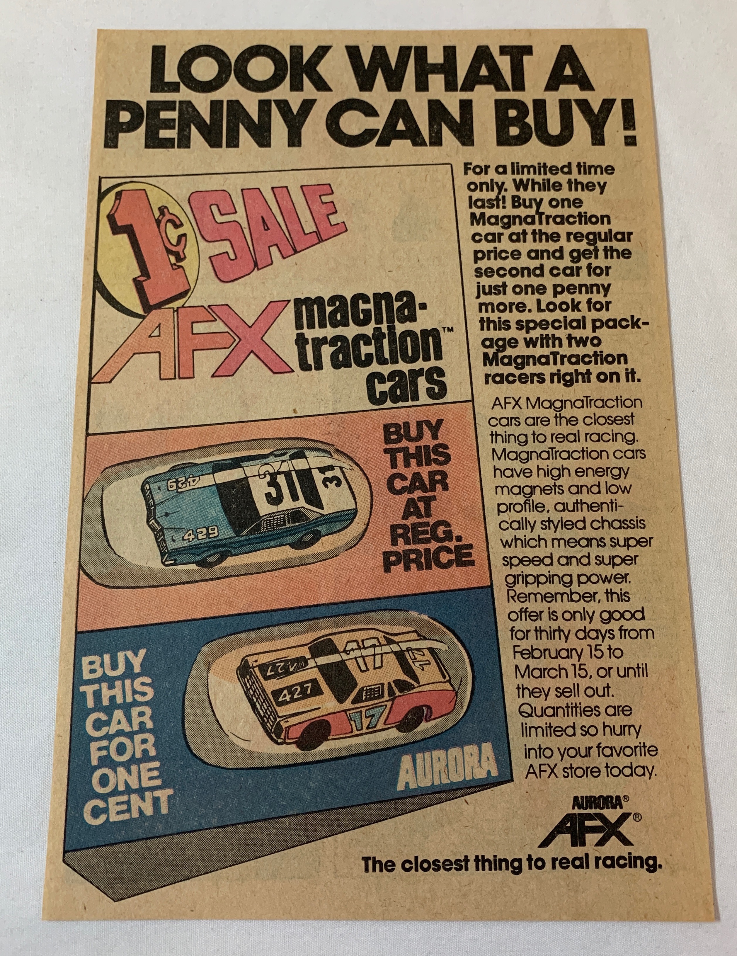 1979 Aurora slot cars ad ~ AFX MAGNATRACTION Look What A Penny Can