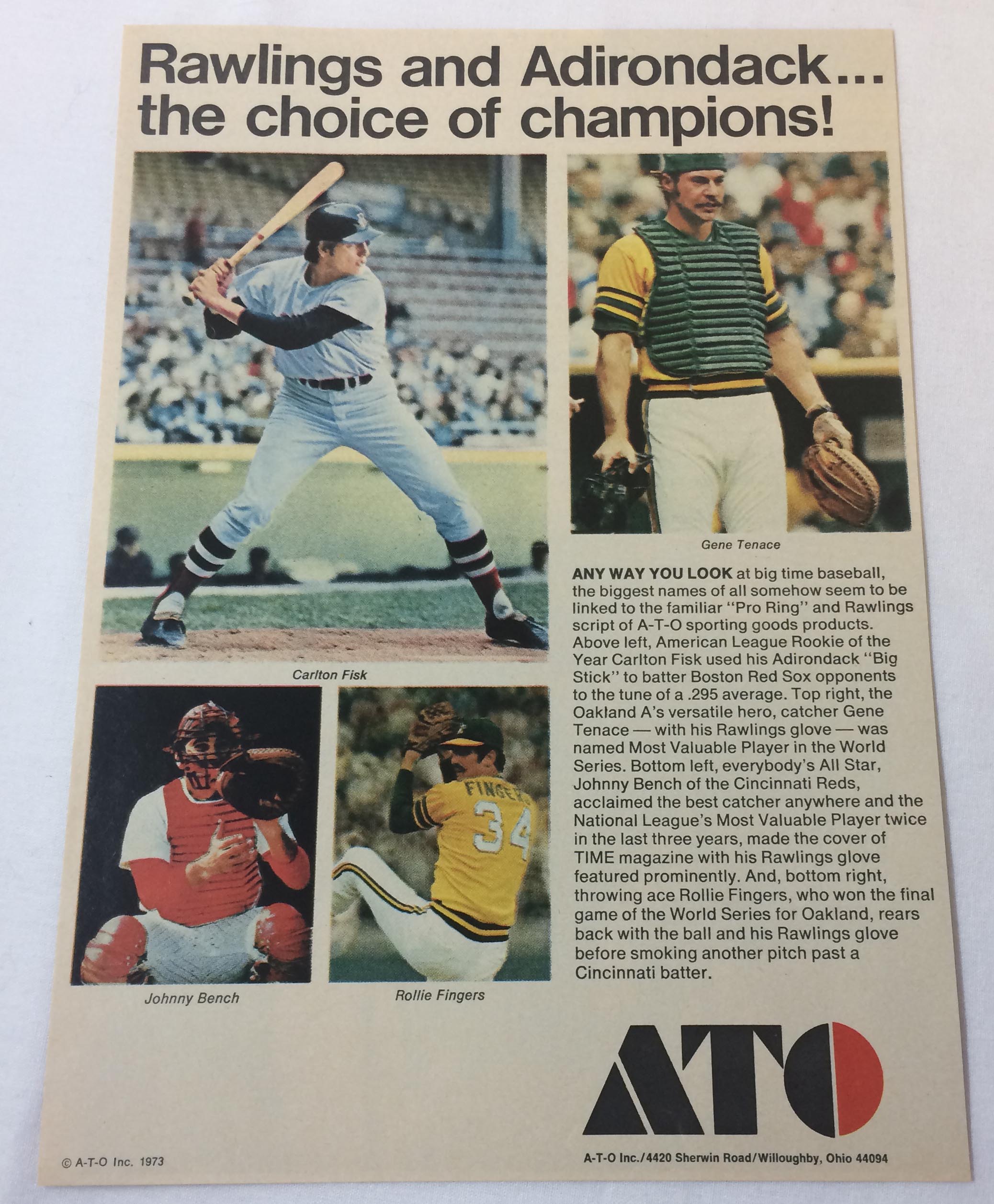 1973 Ato Baseball Ad Carlton Fisk Gene Tenace Johnny Bench